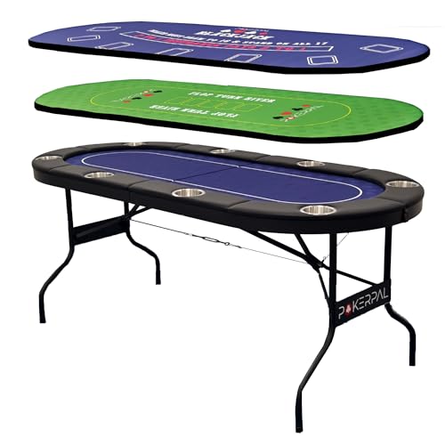 POKERPAL 8 Player Poker Table with 2 Interchangeable Game mats, Texas Holdem Poker and Blackjack, Collapsible Casino Table with Padded Rails and XXL Cup Holders for Wine and Whiskey Glasses, (71 in)
