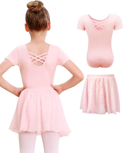 MYSSUCI Vestido de balé para meninas, 2 em 1, leotardo de algodão com costas cruzadas e saia brilhante, ROSA