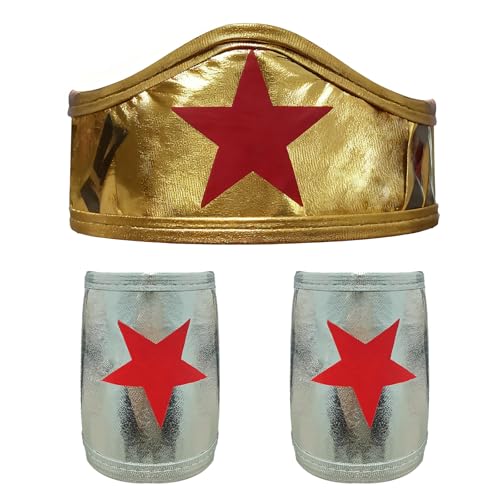 Gold Headband and Silver Wrist Cuff Set Metallic Red Star Costume Accessories for Cosplay Halloween and Parties
