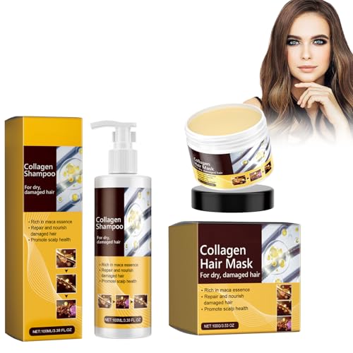 Mikabila (02)100ml Shampoo con Colágeno+100g Collagen Mascarilla Capilar para una Reparación Profunda,Tratamiento Suavizante Activador de Rizos para Cabello Seco Dañado o Graso,Todo tipo de Cabello