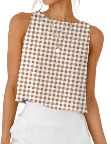 IDEALSANXUN Womens Gingham Tank Tops Spring Summer Casual Crop Cotton Sleeveless Shirts Blouses