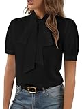 Rooscier Women's Bow Tie Neck Short Sleeve Elegant Office Workwear Blouse Shirt Tops Black Medium