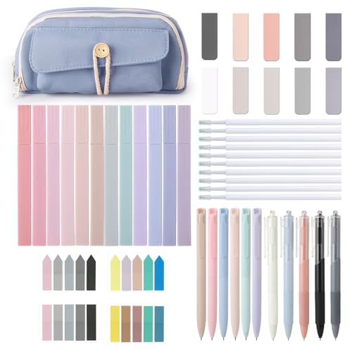 Vyuwast 48 Stück Schulsachen Aesthetic Bundle, 6 Farbige Gelstifte, 5 Gelstifte, 10 Ersatzminen, 12 Pastell-Textmarker, 10 Lesezeichen, 4 Notizen & 1 Federtasche, Minimalistisches Design für Schule