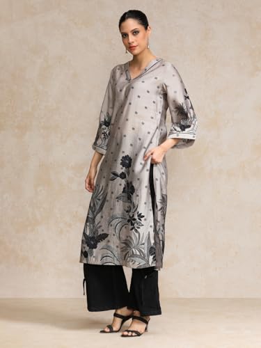 Varanga Bold Placement Floral Printed V Neck Kurta Grey