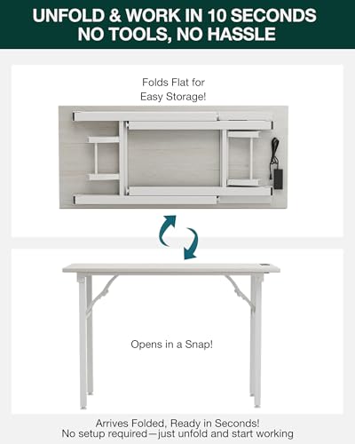 Image of Frylr Small Folding Computer Desk - 43.3 Inch Portable Table for Craft and Study, Lightweight Desk for Small Spaces, Foldable Laptop Table Built-in AC /USB Outlets for Convenience, White Ash