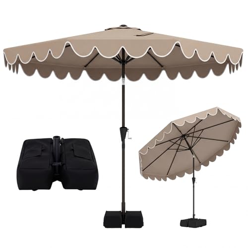 Tangkula 10 FT Patio Umbrella with Base Included 2-Tiers Outdoor Scalloped Table Umbrella with 2 Sandbags Tilt Adjustment Crank 8 Ribs for Market Backyard Pool Deck Beach Lawn