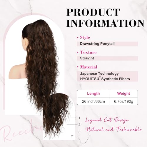 REECHO Ponytail Extension, 26" Long Beach Wave Drawstring Pony Hair Extension Synthetic Pony Tail Hairpiece for Women - Chocolate Brown - Image 2