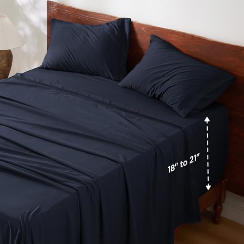 Image of Bedsure Twin XL Sheets Dorm Bedding, GentleSoft Breathable Extra Long Twin Sheets & Pillowcases, Moisture Wicking Cooling, Deep Pocket Fits Mattress Up to 21 Inches Thick, Navy