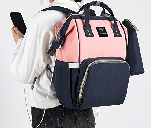 Mochila Bolsa Maternidade Mommy Bag Original Rosa Com Azul Moda Classic Baby Com USB, Trocador e Por