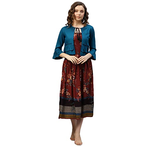 Image of DEEBACO Women's Floral Print Rayon Midi Calf Length Smocking Dress with Solid Shrug for Women|Ruffled 3 /4 Sleeves Shrug Casual Western Fit and Flared Dresses for Ladies Outfits (DBDR00000749 Maroon)
