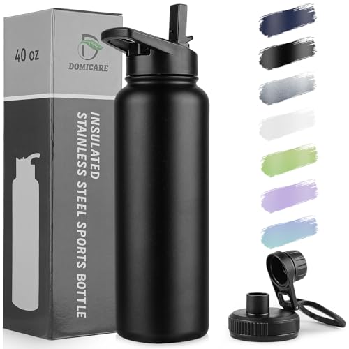 DOMICARE 40 oz Insulated Water Bottle, Vacuum Insulated Stainless Steel Sports Water Bottle with Straw Lid & Spout Lid, Leakproof, Reusable - Travel, Camping, Bike, Black