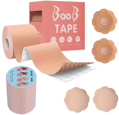 Breast Lift Tape for Lift & Fashion | Breathable Boob Tape and 4 Pcs Petal Backless Nipple Cover Set | Achieve Lift and Push up in All Clothing, Fabric.