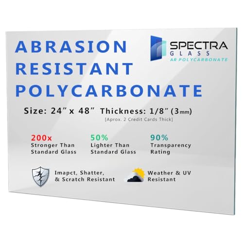Clear Abrasion Resistant AR2 Polycarbonate Plastic Sheet. Stronger Than Plexiglass Sheets. Scratch, Mar, Impact, and UV Resistant. Sizes Nominal Cut. Fabricated in USA. 24