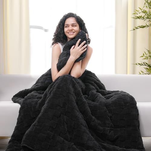 Image of 15lbs Weighted Blanket Twin Size, Classy Soft Jacquard 3D Checkered Sherpa Weighted Blankets for Adults, Cozy Fluffy Bed Blanket for Sleeping, 48 x 72 inches, Ceramic Beads, Black