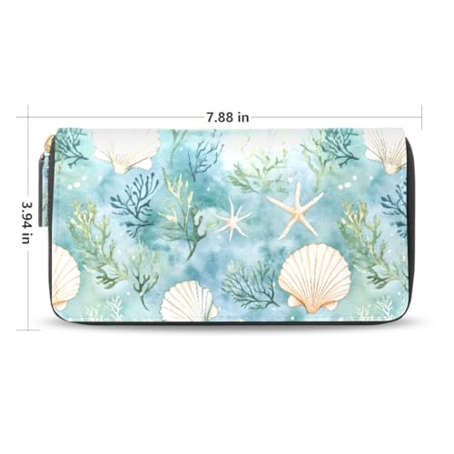 Long Wallets Leather Bifold Wallet for Women Watercolor Shells with Zipper Credit Card Holder Large Capacity2