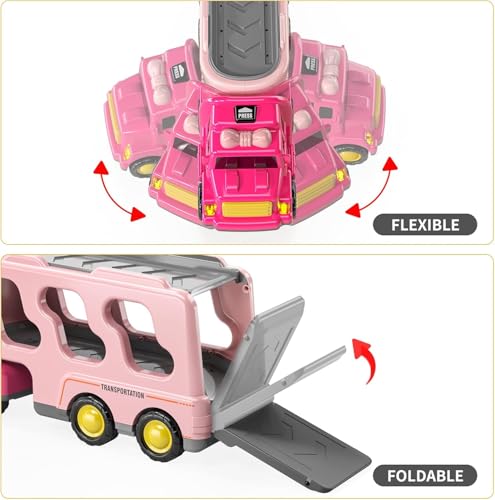 Image of Mini Explorer 5 in 1 Girls Toddler Truck Toys for 3 4 5 6 Year Old, Friction Powered Vehicle Car Set for Toddlers 3-6, Carrier Toys for Kids 3-5, Christmas Birthday Gifts for Boys Age 3-9