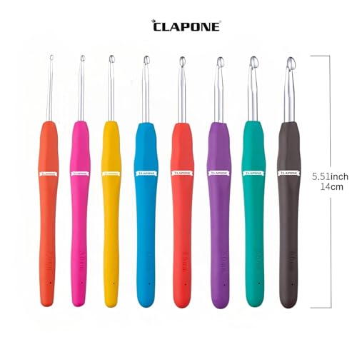CLAPONE 8 Pieces Crochet Hooks Ergonomic Handle Crochet Hooks Set Soft Handle Crochet Crochets for Arthritic Hands Lace Set Knitting Needles Hooks