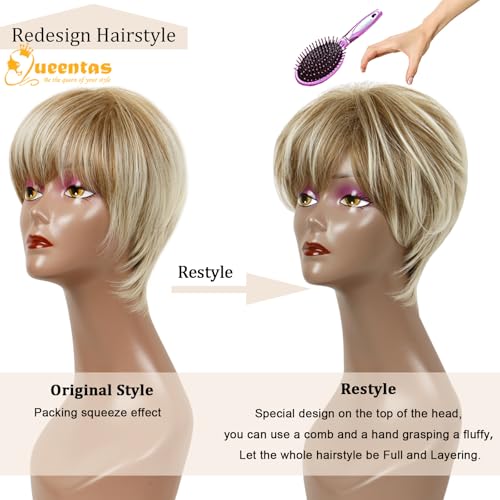 QUEENTAS Pixie Layered Short Blonde Wigs for White Women Black Women Synthetic Hair (Blonde Mixed Brown)