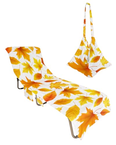 Thanksgiving Fall Beach Lounge Chair Towel Cover, Soft Chaise Lounge Towel with Side Pockets Patio Pool Chairs Cover for Beach/Pool Sunbathing 29x85 Autumn Orange Yellow Maple Leaf