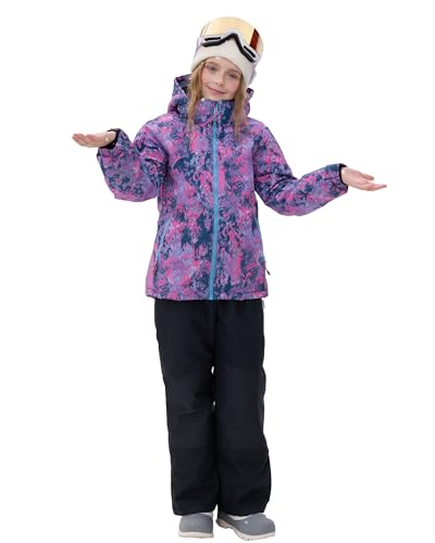 SMONTY Girls Boys Ski Suit Kids Snowsuits Waterproof Snowboard Elastic Hood Jacket with Bib Pants, Windproof Winter Warmth(10-12 Years,KALEIDOSC Pink)
