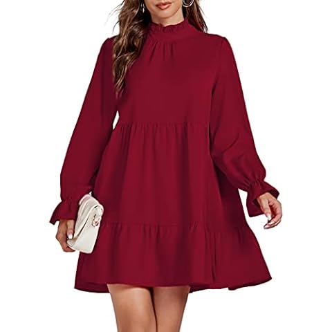 Umenlele Women’s Mock Neck Long Sleeve Tiered Ruffle Smocked Flowy A Line Babydoll Mini Dress Wine Red Medium Cover