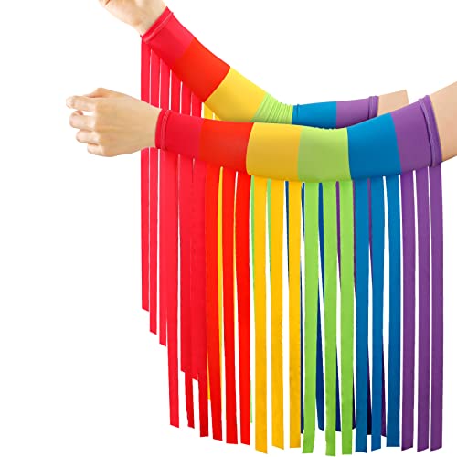 Xuhal Gay Pride Rainbow Striped Fringe Arm Warmer Christmas Rainbow Rave Outfits for Women Men Cosplay Accessories(Wide)