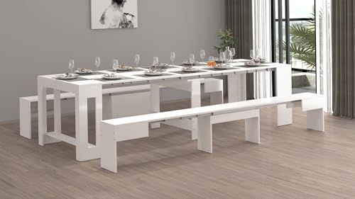 Dmora Panca Torquato, Set di 2 sedute per tavolo da pranzo, Panche allungabili, 290x25h45 cm, Bianco lucido