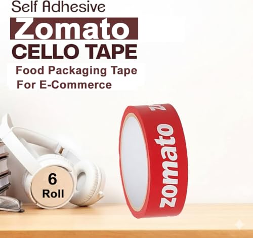 Image of Zomato Printed Packaging Tape - 65 Meters in Length - 24mm (1 Inch) Width- 6 Roll Per Pack- High Strength Adhesive Shipping Tape for Carton Sealing, Courier & Parcel Packing
