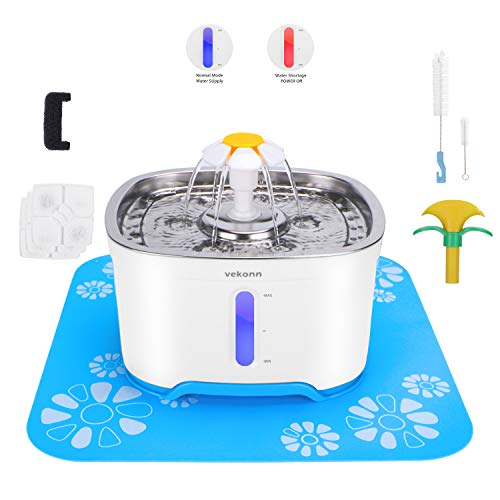 Elliptical Pet Fountain, Stainless Steel Top and Intelligent Auto Power Off Pump, Cat Water Fountain with 3 Carbon Filters, 1 Mat and 2 Cleaning Brushes, Water Level Window with Smart LED Light