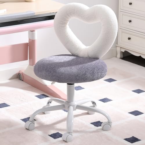 DUOMAY Chenille Kids Desk Chair Heart Back Upholstered Computer Chair for Boys and Girls Cute Swivel Height Adjsutable Study Arm Chair for Child Home Bedroom Purple White