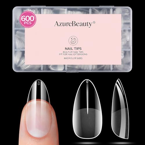 AZUREBEAUTY Medium Almond Nail Tips 600pcs 15 Size Pre Etched Soft Gel Nail Tips Acrylic Fake Nails Half Matte Full Cover Clear Press On False Nail Extensions for DIY Manicure at Home Nail Art