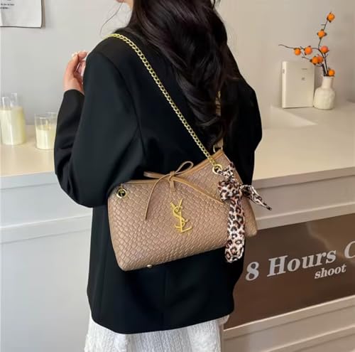 Designer Handbag with Woven Pattern, Tan Brown Leather, Gold Chain Strap, Leopard Print Bow Accent2