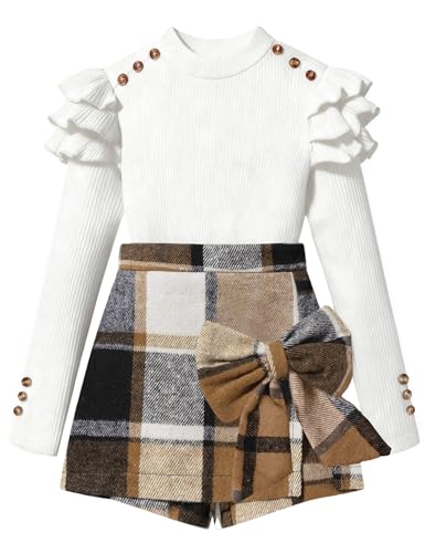 Image of Girls Clothes 2 Piece Ruffle Long Sleeve Shirt Top and Bow Plaid Skirt Set Girls Fall Winter Outfits 6-16 Years