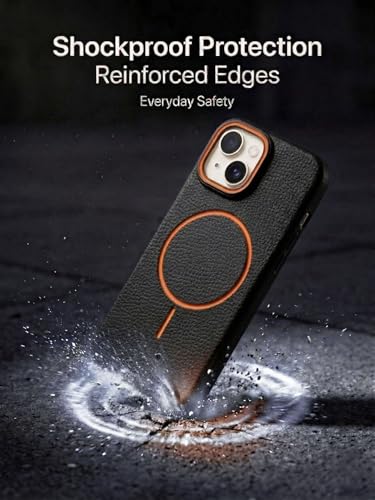 Image of amazon basics Luxury MagSafe Compatible Leather Texture Back Cover for iPhone 13 | Raised Camera Protection | Slim Fit Shockproof Case with Metallic Accents (Black)