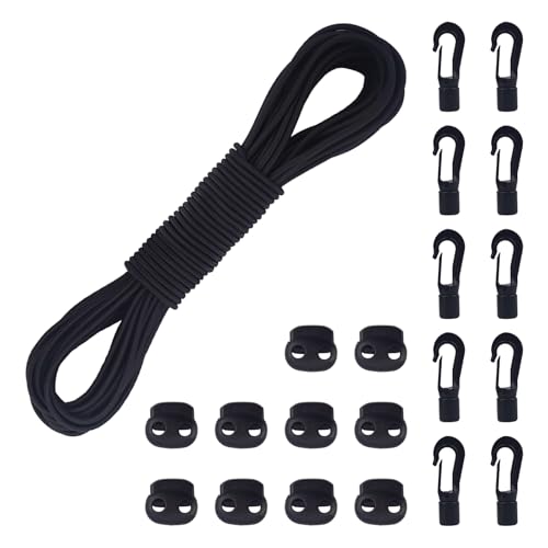 AWBEOT Cuerda Elástica 4mm x 20m, Cordón de Goma Elástico, Cordón Elástico Negro, Cuerda de Tensión con 10 Cerradura de Cordón y 10 Ganchos de Plástico, para Lona,Camping,Kayak,Zapatos,Mochila