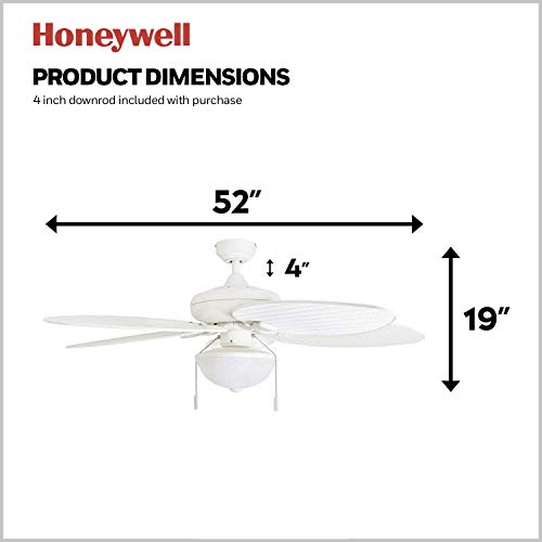Honeywell Ceiling Fans Inland Breeze, 52 Inch Tropical Indoor Outdoor Ceiling Fan with Light, Pull Chain, Three Mount Options, Weather Resistant Blades - 50511-01 (White) - Image 7