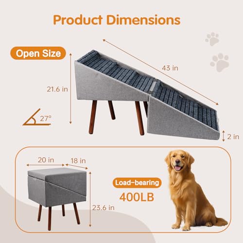 Image of Dog Stairs for High Bed, 2-in-1 Ottoman Dog Stairs, 21 Inch Working Height, 6 Steps and Non-Slip Design for Large Dogs, Wooden Pet Furniture