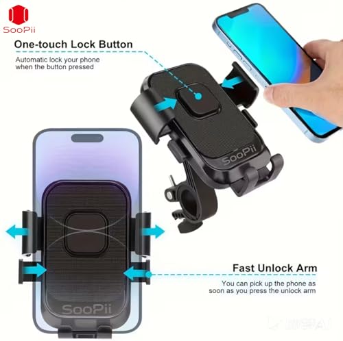 Image of SOOPII Universal Bike Mobile Holder with One Click Locking | Anti-Slip and Adjustable Angle for Motorcycles, Bicycles, E-Bikes,Scooters,Shockproof & Heavy-Duty Handlebar Mount for All Smartphones