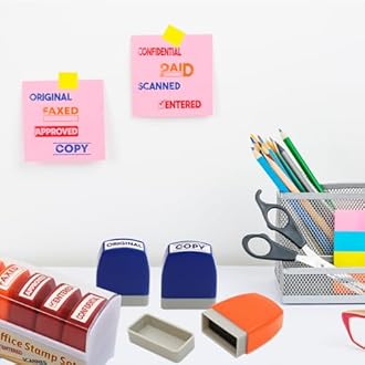 Fancy Land Office Stamps for Business Message Stamp Scanned Approved Paid Completed Self Inking Set with Storage Tray for Coworkers Colleague Work Supplies 8Pcs