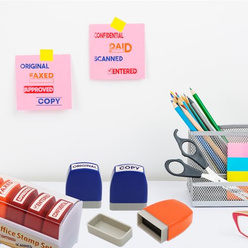 Fancy Land Office Stamps for Business Message Stamp Scanned Approved Paid Completed Self Inking Set with Storage Tray for Coworkers Colleague Work Supplies 8Pcs