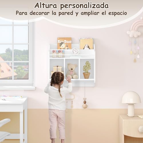 WOLTU Estantería Pared para Niños, Librería Infantil Flotante, Estantes de Pared con 3 Compartimentos y 4 Ganchos de Pomo, para Guardería, Habitación Infantil y Sala de Juegos, Blanco - imagen 7