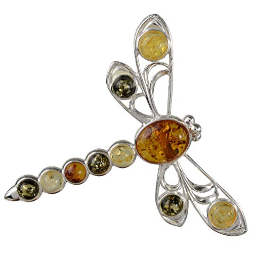 HolidayGiftShops Sterling Silver and Baltic Amber Dragonfly Brooch
