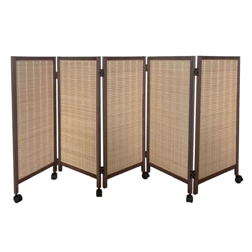 ショート折りたたみスクリーン、5パネル竹壁プライバシー、ローラー付き木製折りたたみスクリーン、学校、家庭、幼稚園、オフィス用(100x40cm)