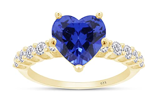 AFFY Heart Shape Simulated Blue Sapphire & White Cubic Zirconia Solitaire Ring in 925 Sterling Silver