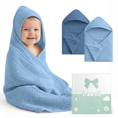 Image of Looxii Baby Bath Towels 2 Pack Muslin Hooded Baby Towels for Newborn and Infants, 100% Cotton, Large 32x32Inch, Soft and Absorbent Gradient Blue