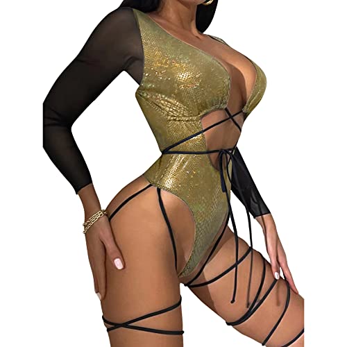 RARITYUS Women Rave Snakeskin Front Buckle Sheer Bodysuit Halterneck Swimsuit Long Sleeve for Dance Party Clubwear2