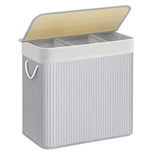 SONGMICS Laundry Hamper, 39.6 Gallons (150L), 3-Section Laundry Basket, Laundry Hamper with Lid, Bamboo, Foldable, Removable and Machine Washable Line