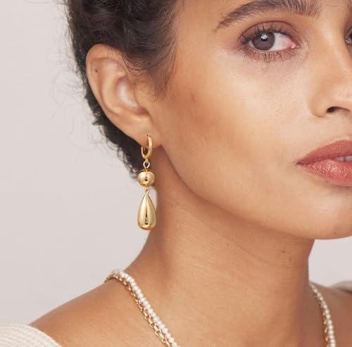 Dangle Gold Earrings for Women Trendy: Teardrop Earrings 14K Gold/Silver Plated Huggie Hoops Lightweight Hanging Teardrop and Ball Drop Earrings Hypoallergenic Statement Earrings Gold Jewelry4