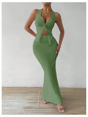 Image of SOLY HUX Women's Two Piece Outfits Twist Front Halter Cami Tops and Skirt Summer Set