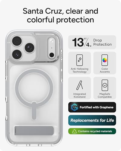 Image of ZAGG Santa Cruz Snap Case with Kickstand for iPhone 17 Pro Max - Silver, Drop Protection (13ft /4m), MagSafe Charging Compatible, ClearGuard Anti-Yellowing Technology, Scratch Resistant Phone Case